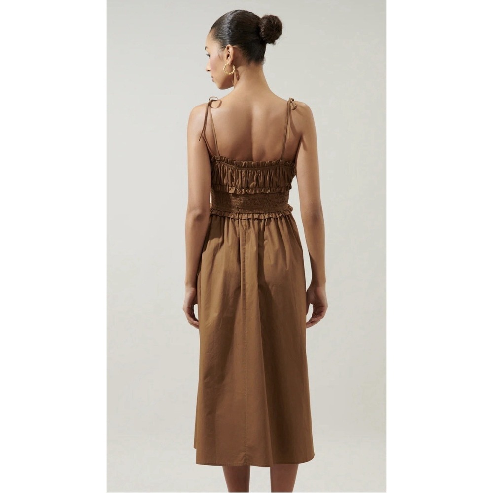 NEW! Sugarlips Orion Smocked Waist Poplin Midi Dress Brown SZ S - Picture 2 of 12
